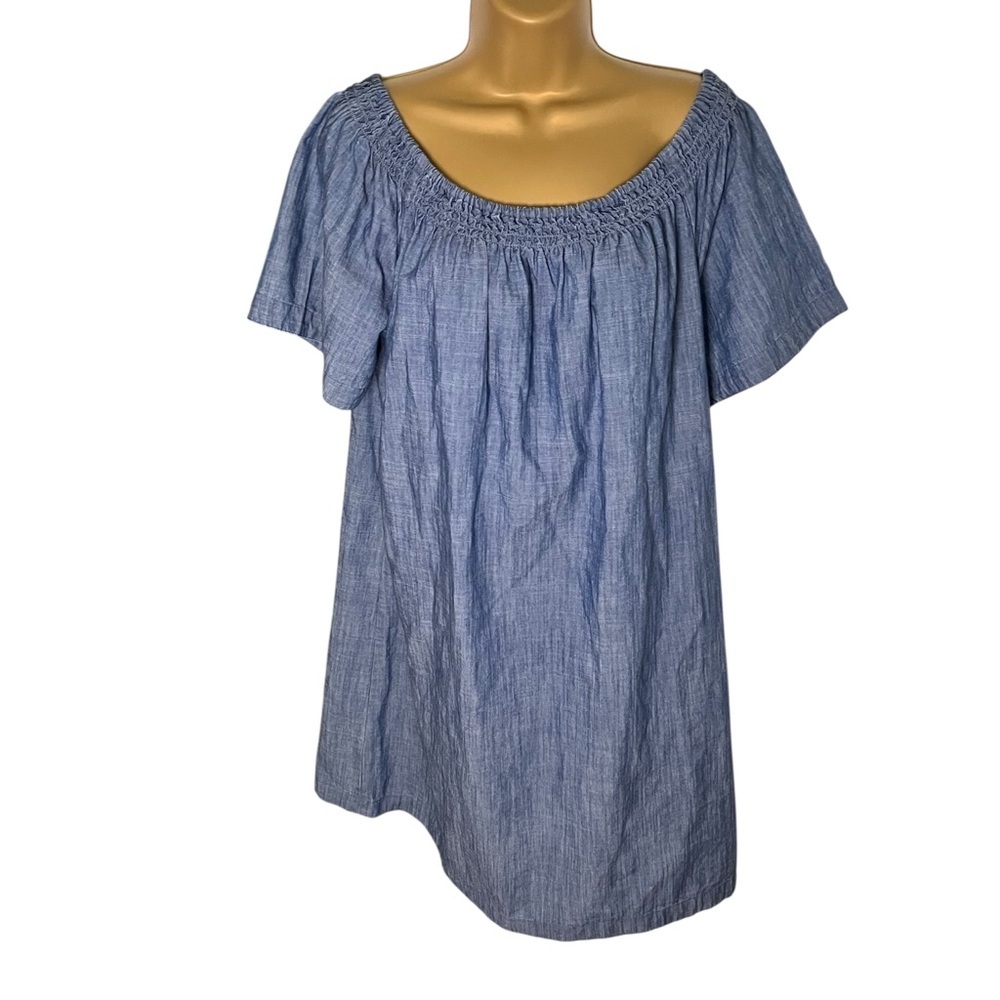 FatFace Chambray Shift Dress Boat Neck Elastic Neckline Short Sleeve Indigo 12